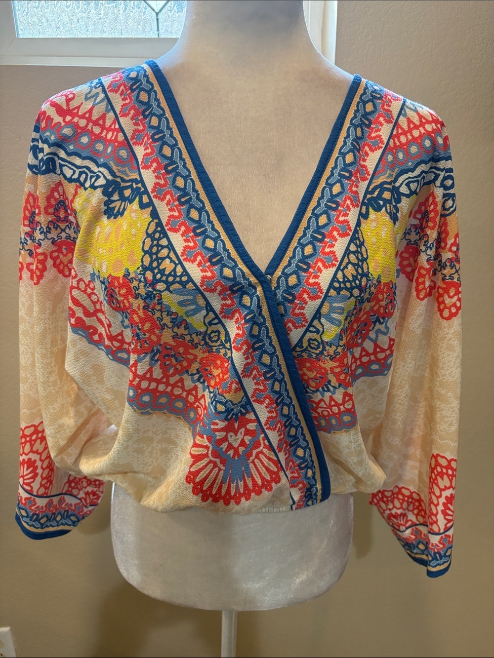 Flying Tomato Cream V-Neck Blouse with Blue, Coral & Yellow Accents